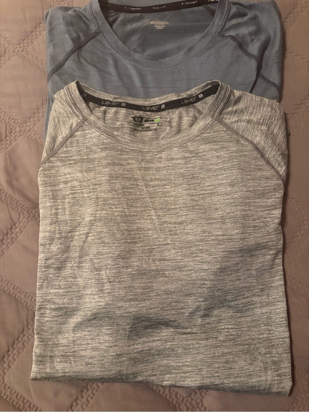 Layer short Sleeve Performance Tee in Heather Gray and Slate Blue